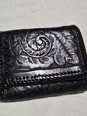 Vintage Hand-Tooled Leather Masonic Wallet Black Brown Square Compass WFH